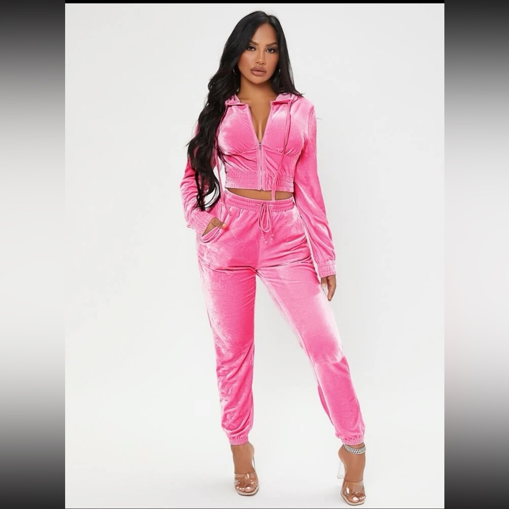 Zip up drawstring velvet hooded jacket & sweatpants